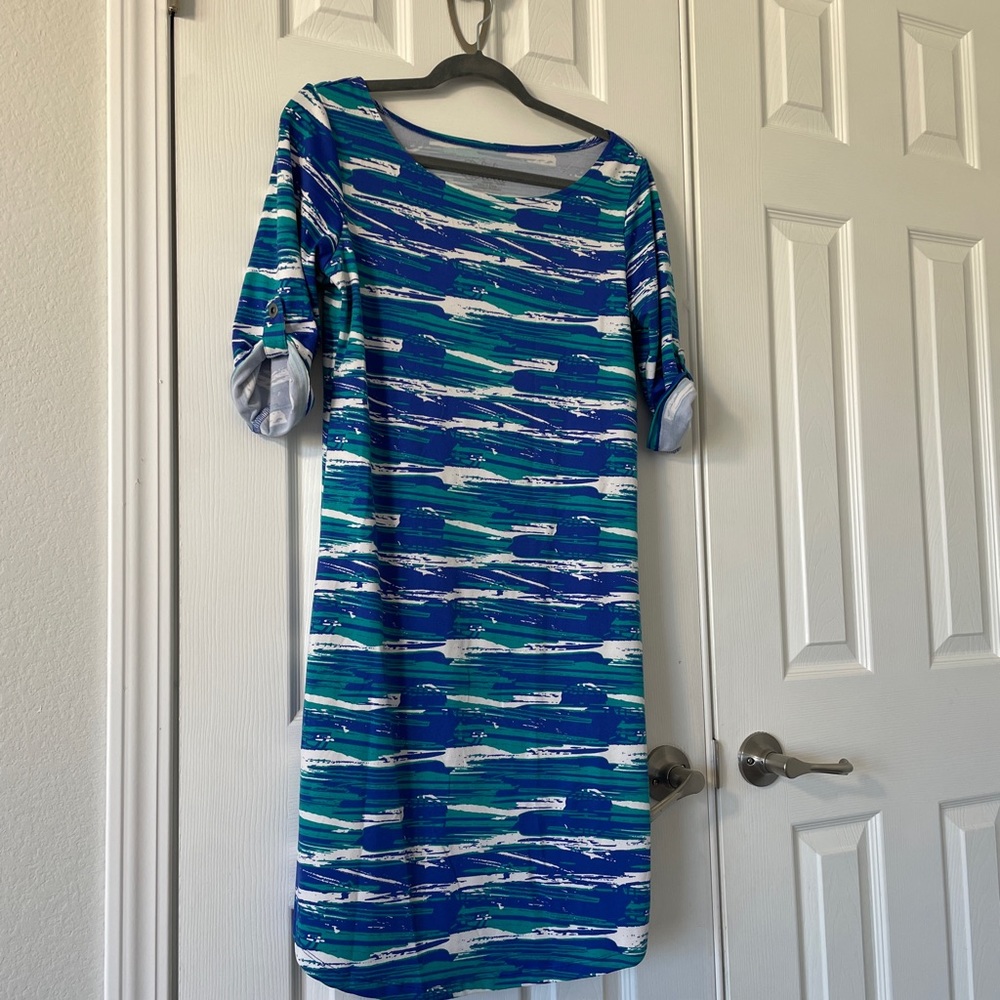 Lola Brand T-Shirt Dress with Blue, green,and white pattern